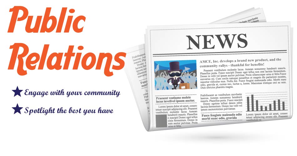 Image of a newspaper with the words Public Relations, community-centered and image-inhancing.